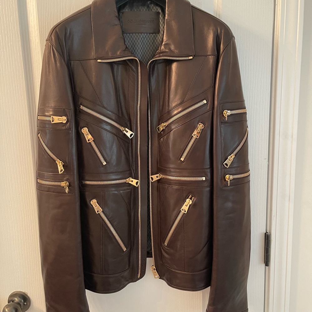 Brown Leather Jacket with Gold Accents